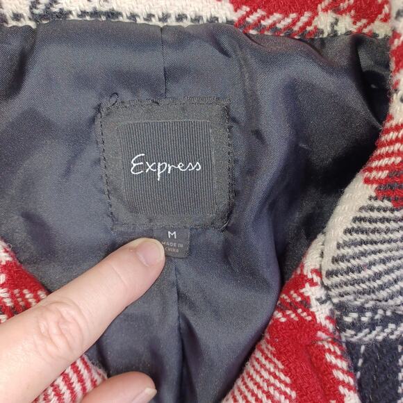 Express Women Plaid Wool Blend Moto Belted Jacket Medium Black Red Preppy Bomber - Picture 4 of 14